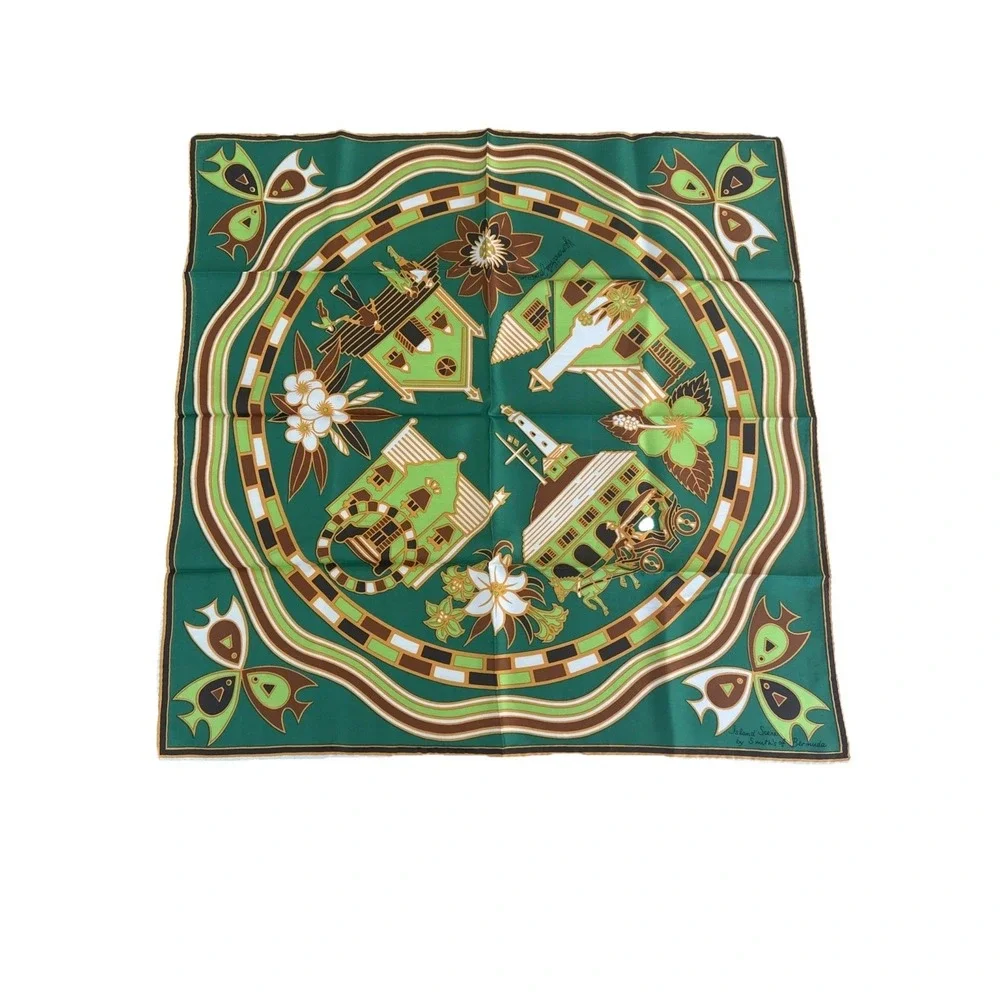 VTG Smith's of Bermuda Scarf Island Landmarks 60s 70s Design Green 22